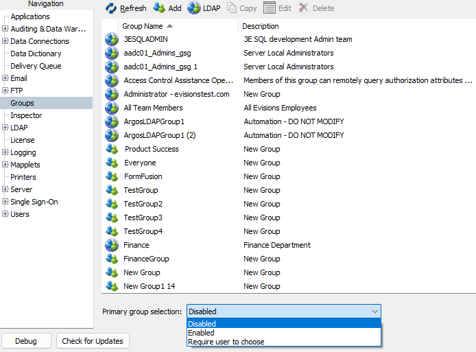 Dropdown that relgulates the visibility of the Primary Group dialog in Argos. 